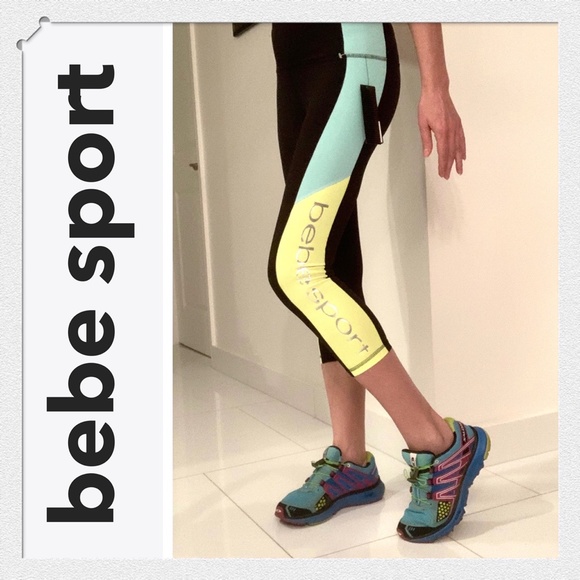 BEBE SPORT BLACK MINT COLOR BLOCK CAPRI LEGGINGS - Picture 2 of 9